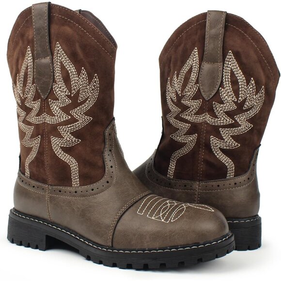 Hawkwell Women's Coffee Fashion Mid Calf Round Toe Embroidered Western Boots - Picture 1 of 6